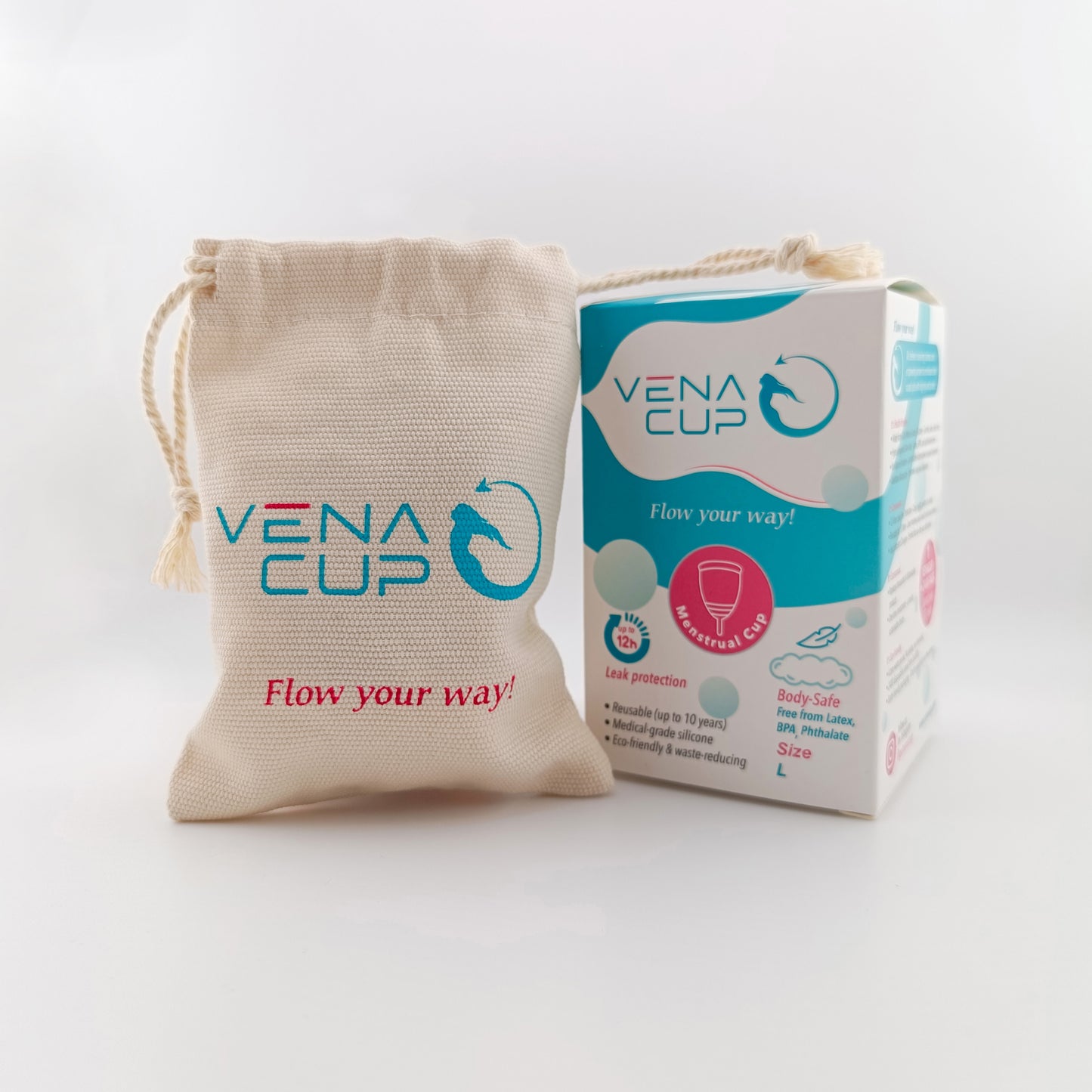 Venacup reusable menstrual cup Lebanon – packaging box and cotton storage pouch