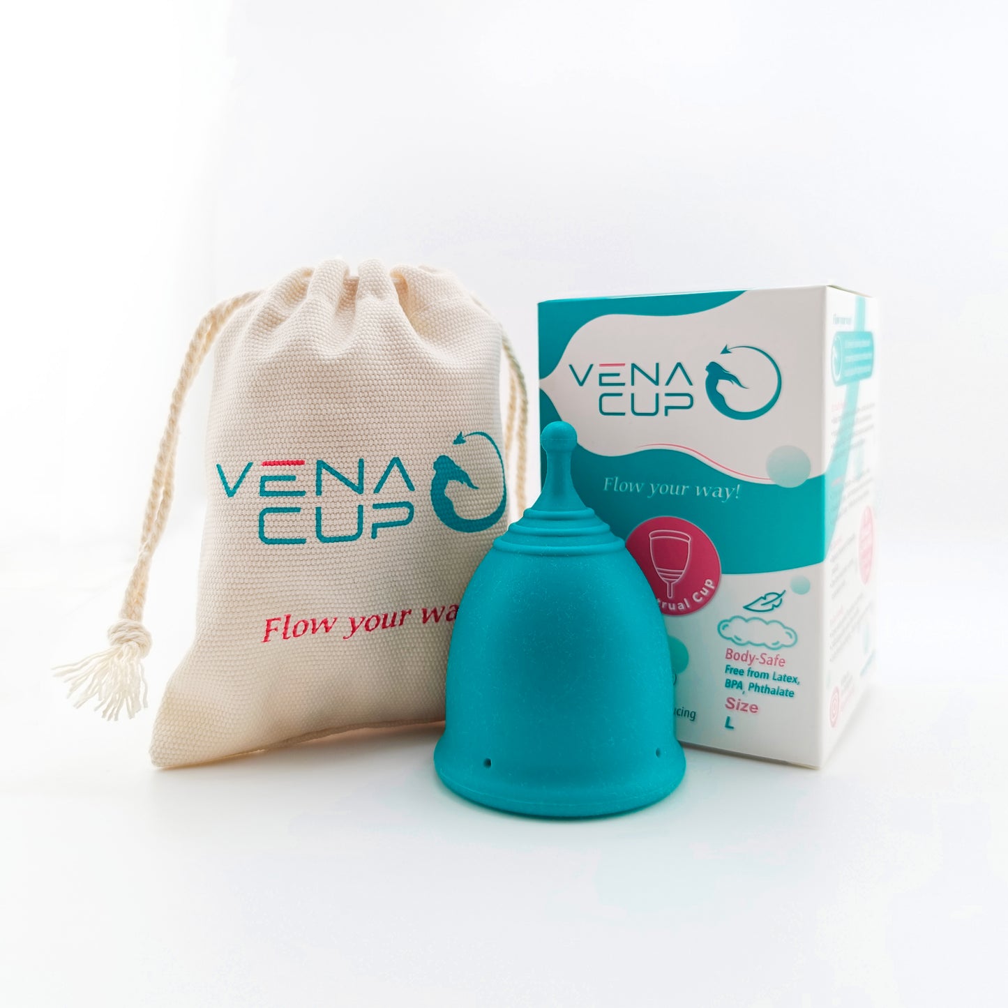 Venacup reusable menstrual cup Lebanon – box, cotton pouch, and cup made of medical-grade silicone.