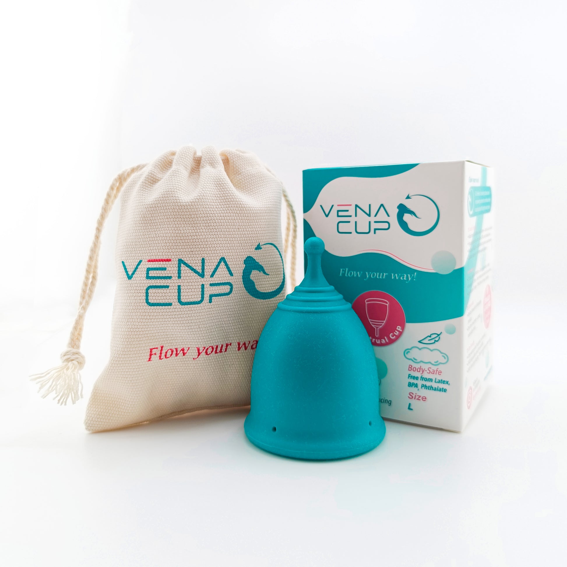 Venacup reusable menstrual cup Lebanon – box, cotton pouch, and cup made of medical-grade silicone.